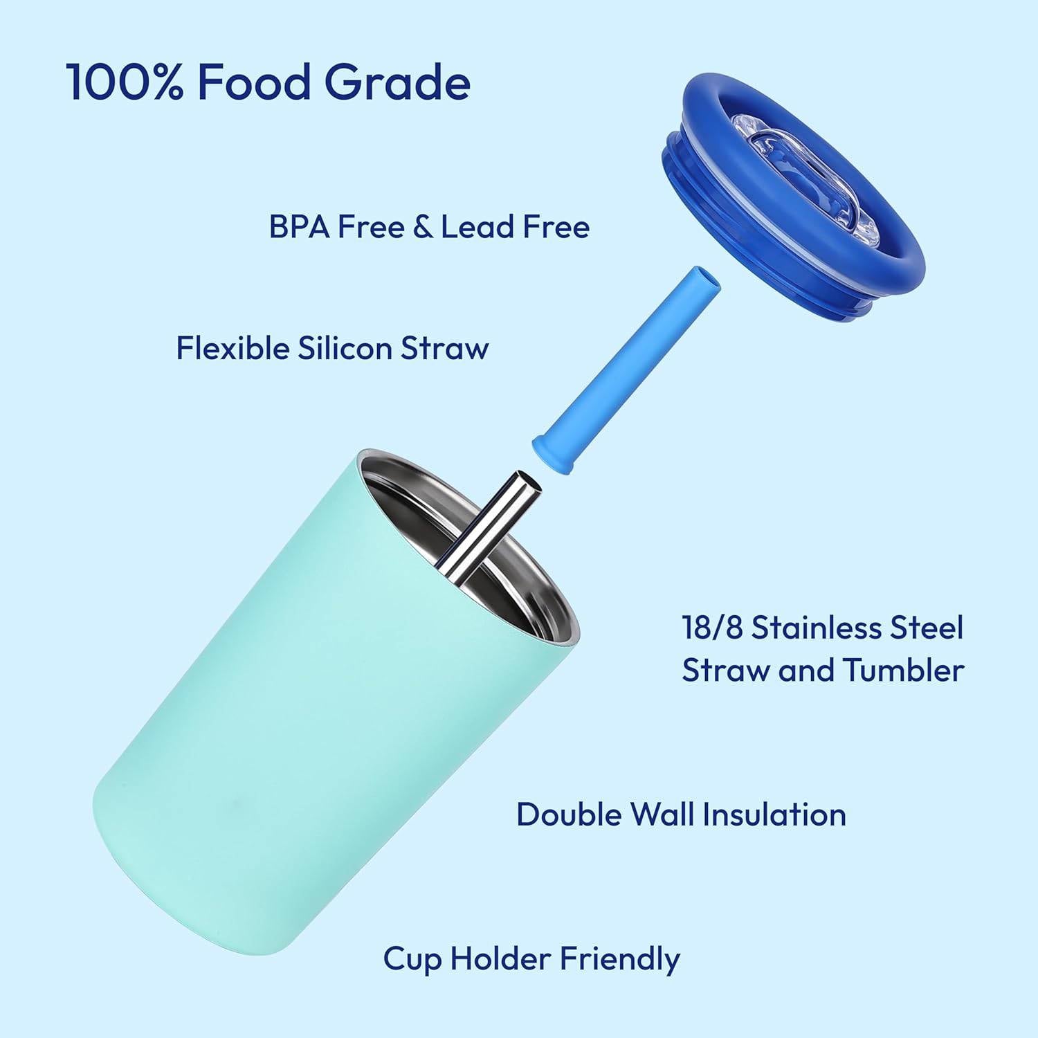 Insulated stainless steel Tumbler with spill-proof silicone metal straw