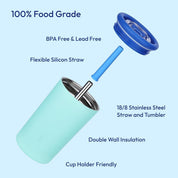 Insulated stainless steel Tumbler with spill-proof silicone metal straw